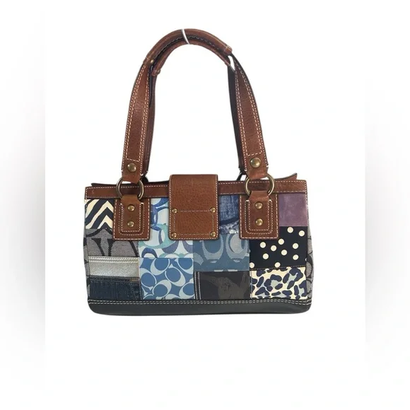 Coach Blue Patchwork and Tan Leather Tote Shoulder Handbag - Picture 4 of 15